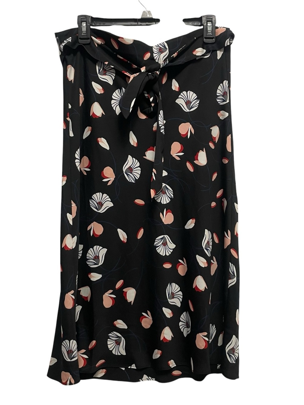 LOFT black midi skirt with white and pink leaf-like shapes, size L